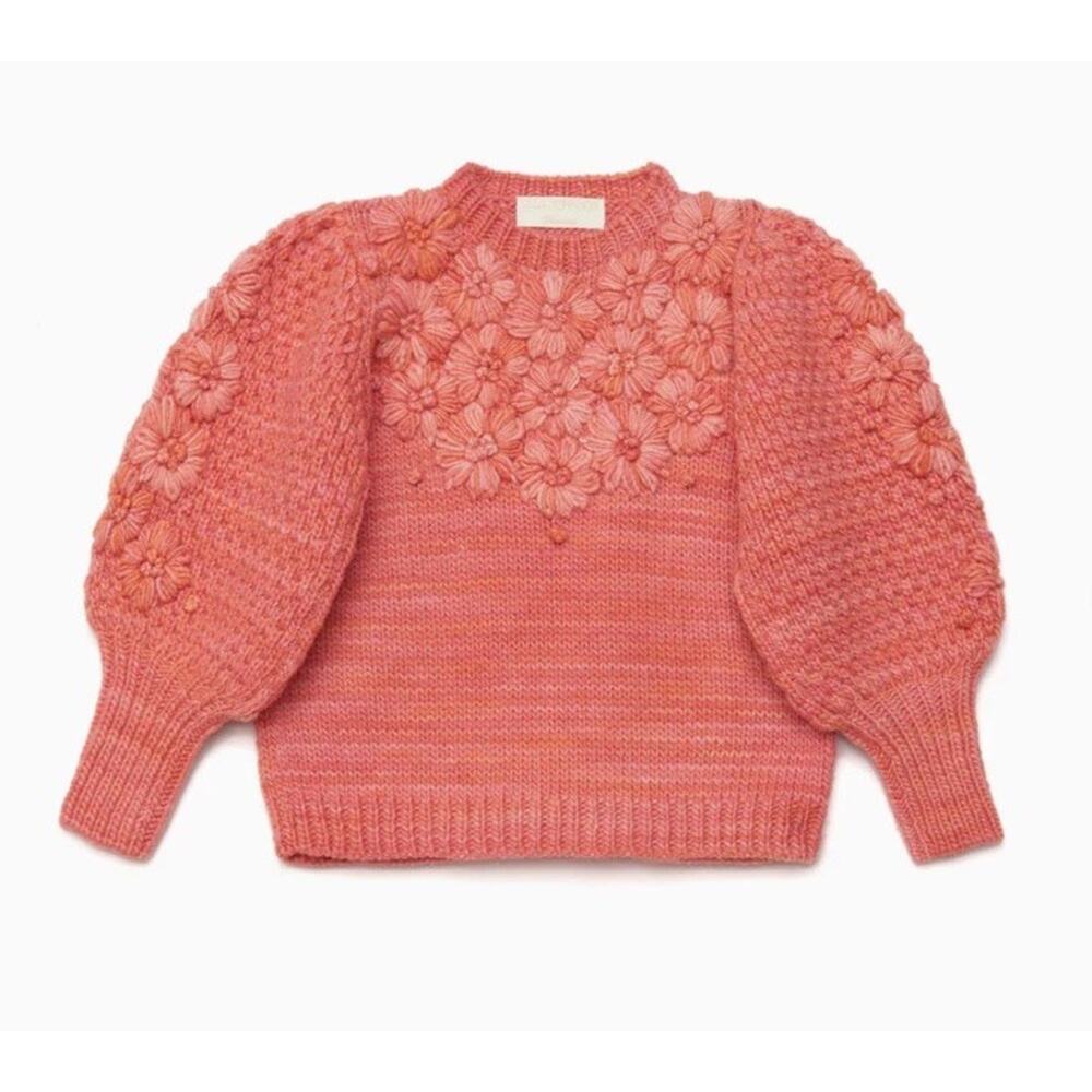 Ulla Johnson Ciel handknit floral embroidered sweater in Rose merino wool 2Y